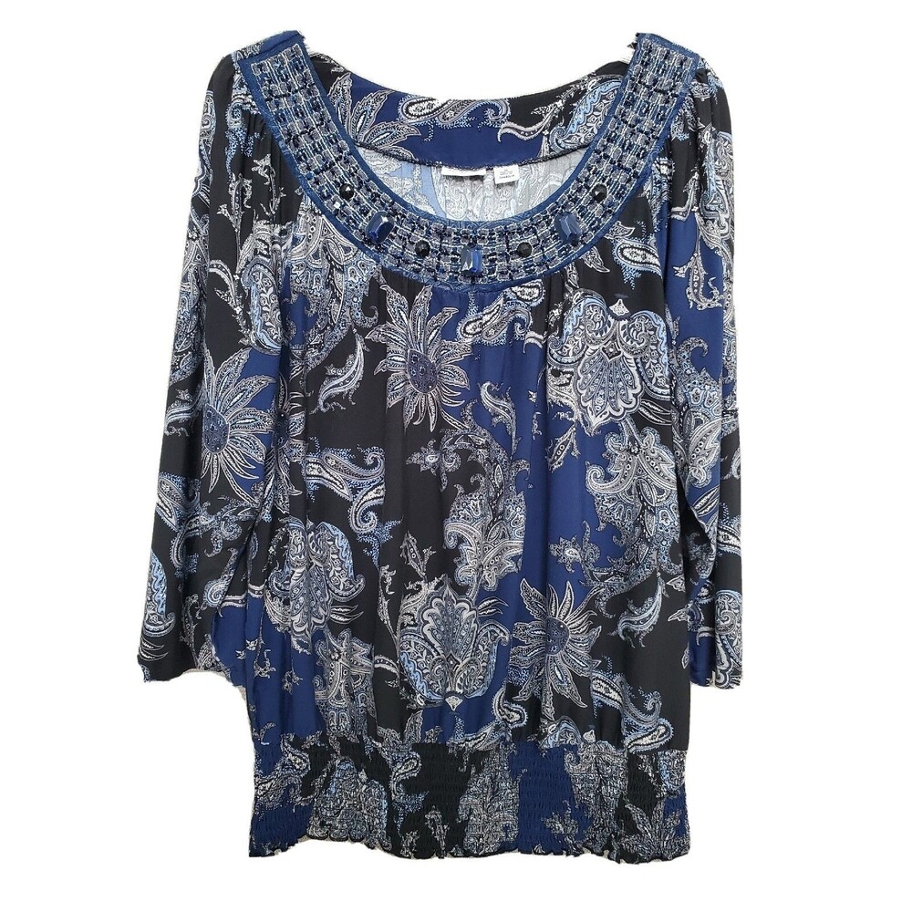 Cato Blue Paisley Bedazzled Embellished Studded Smocked Waist Blouse Size XL